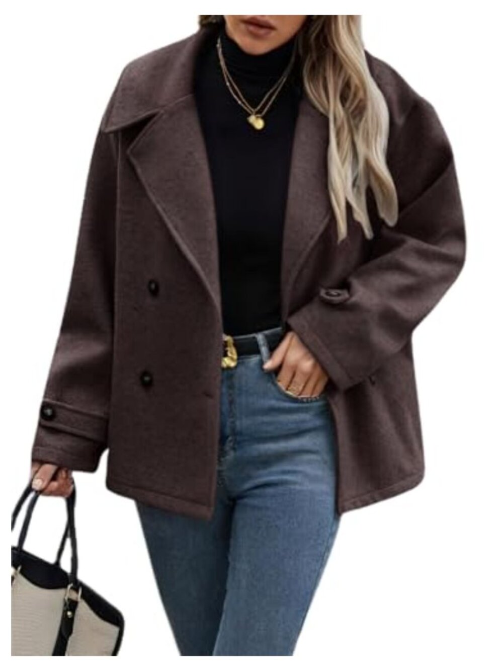 Wool Blend Cropped Pea Coat Loose Fit Button Down Notch Collar Work Coat
